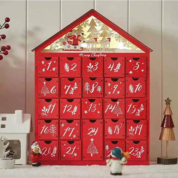 Calendrier de l'Avent en bois lumineux – maison à 24 tiroirs