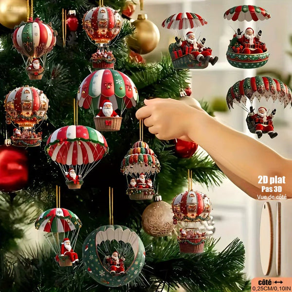 Ornements plats en bois – Père Noël et montgolfières, lot de 12