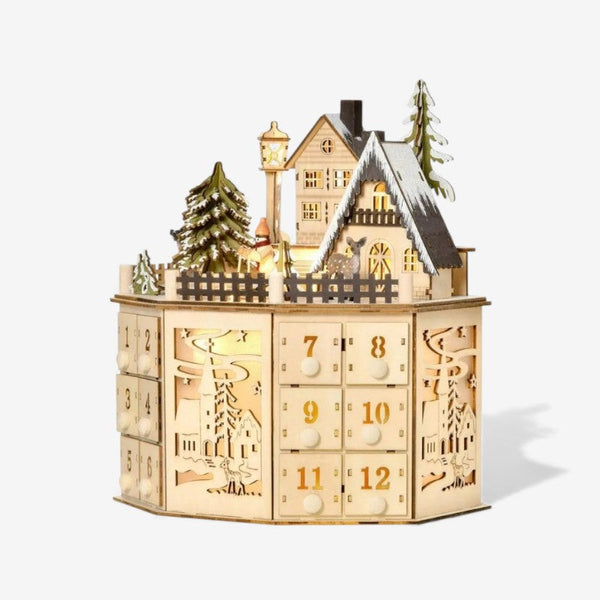 Calendrier de l'Avent en bois – Village de Noël lumineux