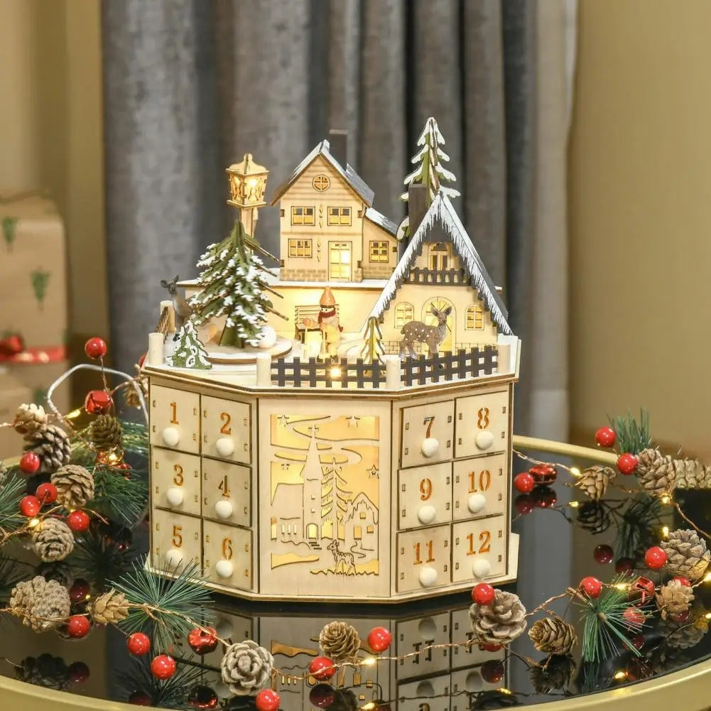 Calendrier de l'Avent en bois – Village de Noël lumineux