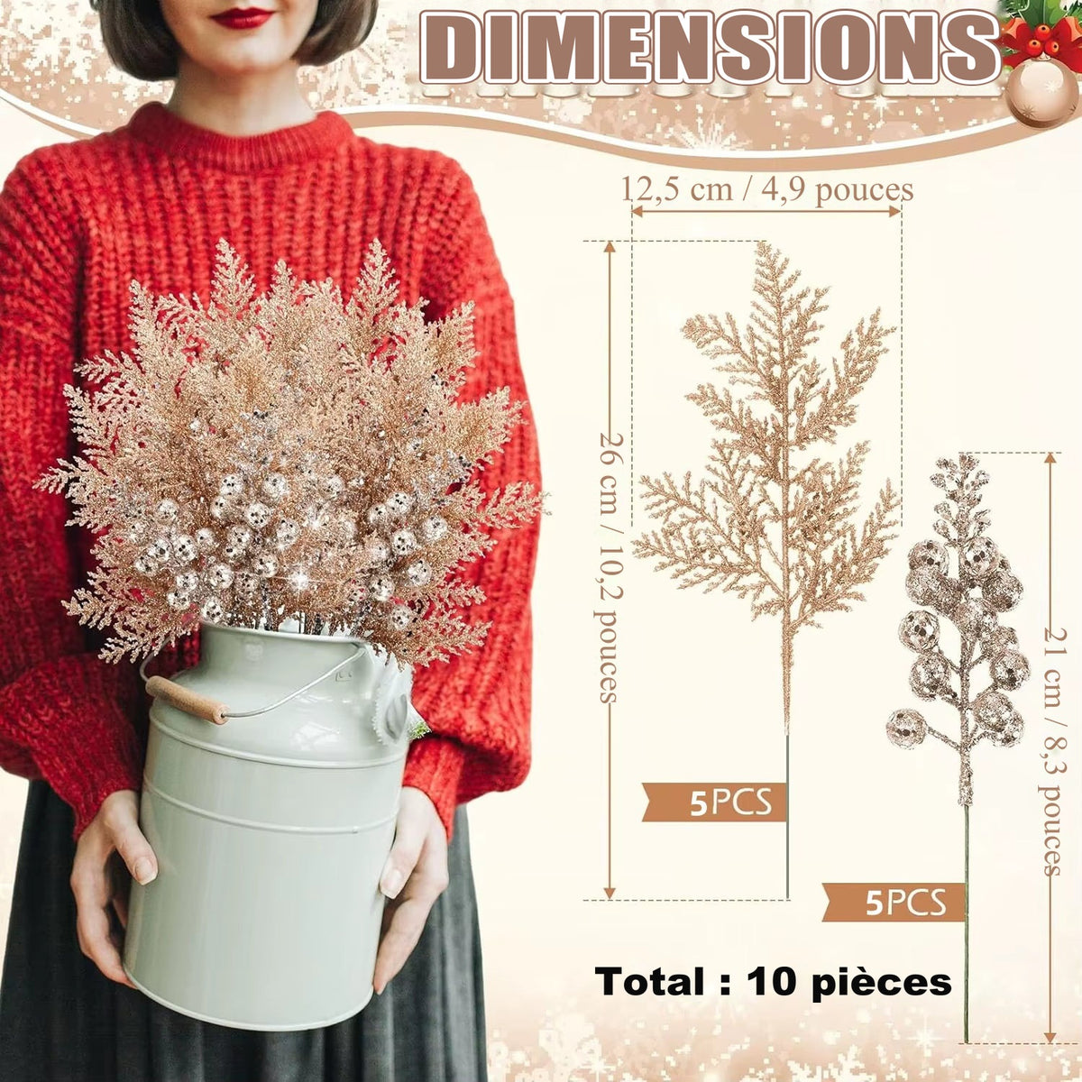 Picks pailletés baies et branches – lot de 10
