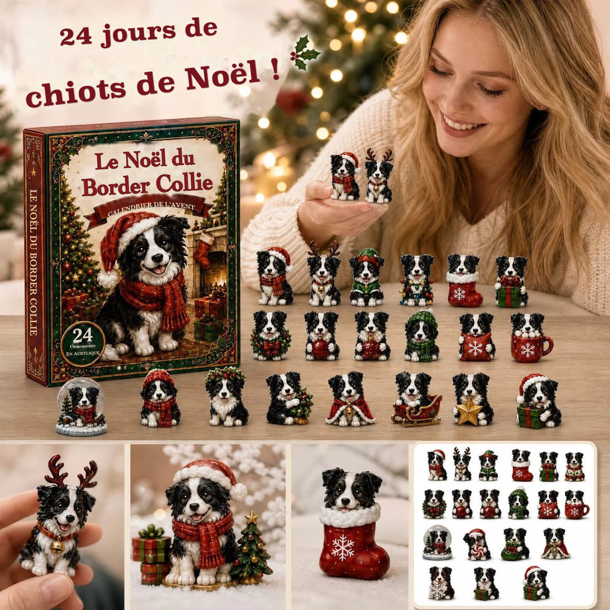 Calendrier de l'Avent border collie – 24 pendentifs acrylique