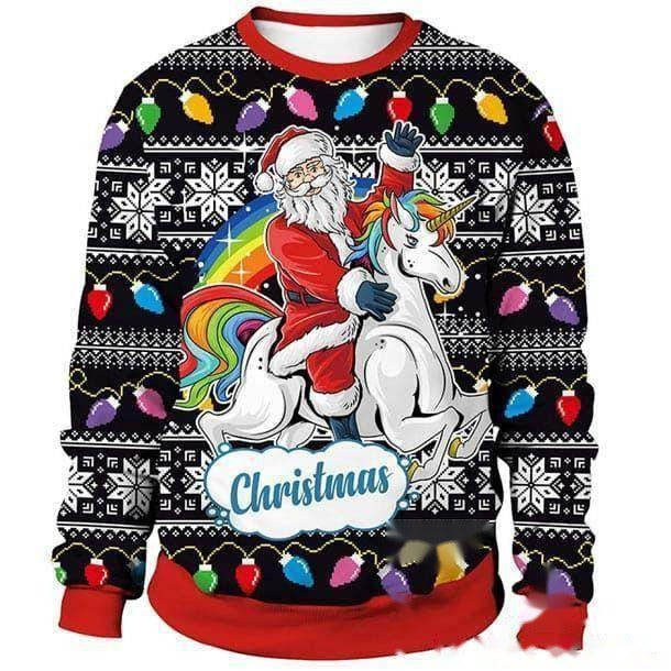 Pull de Noël licorne – Père Noël sur licorne arc-en-ciel