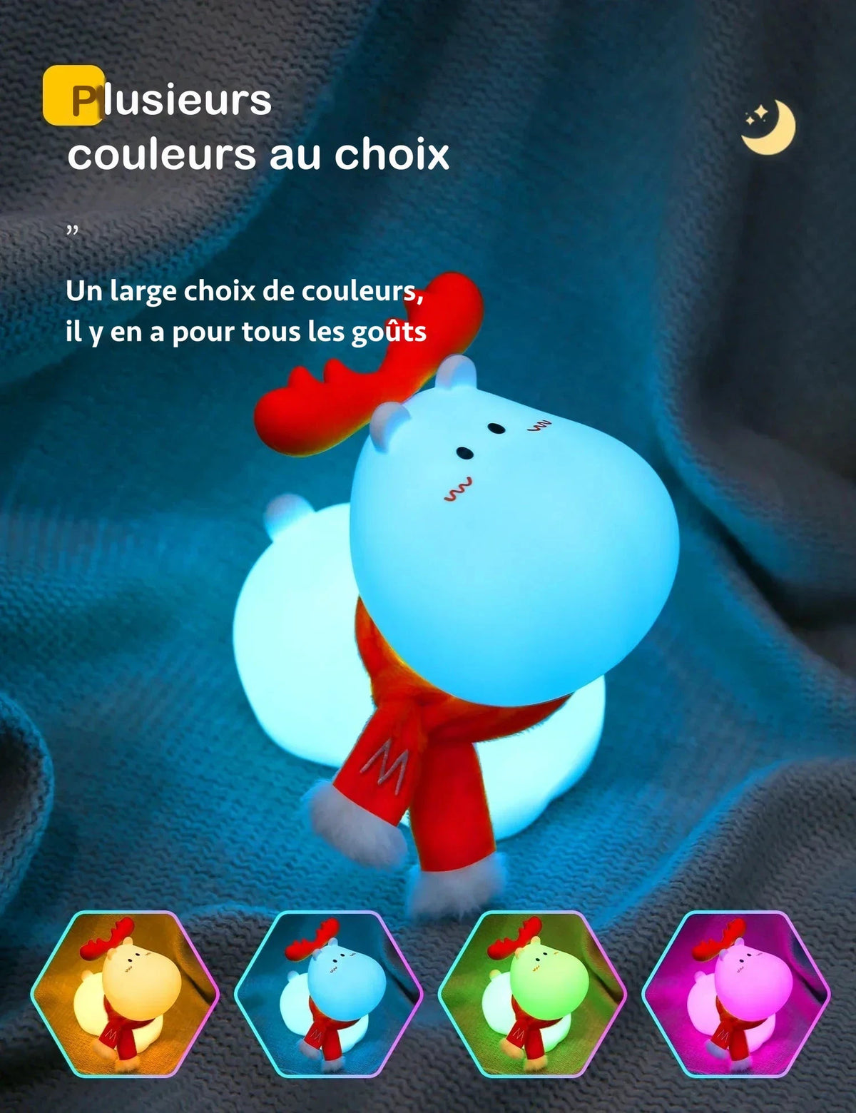 Veilleuse renne pour enfant – silicone, LED rechargeable USB