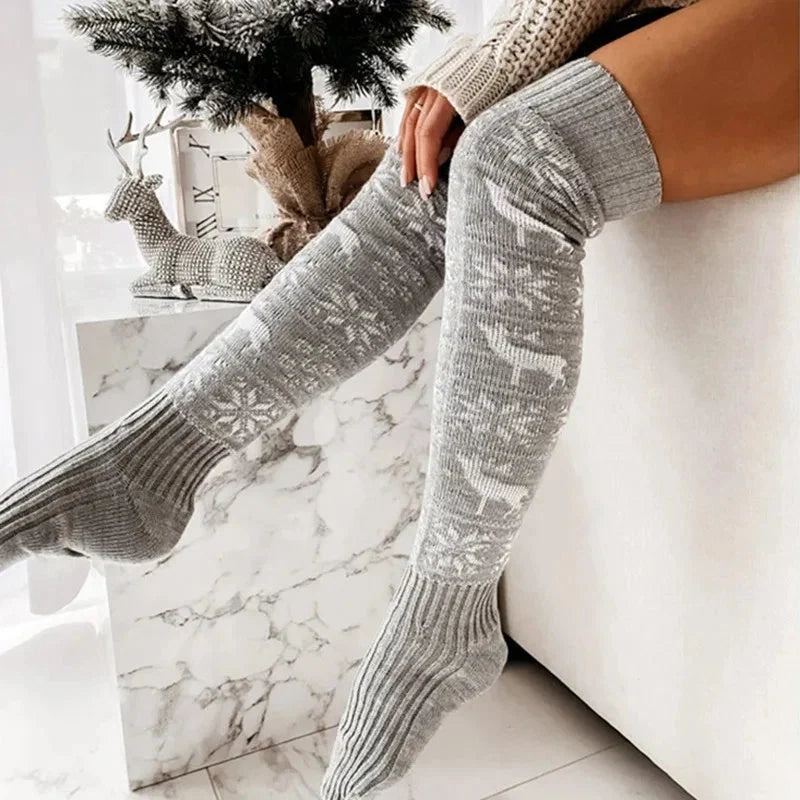 Chaussettes hautes en maille pour femme – motif flocons